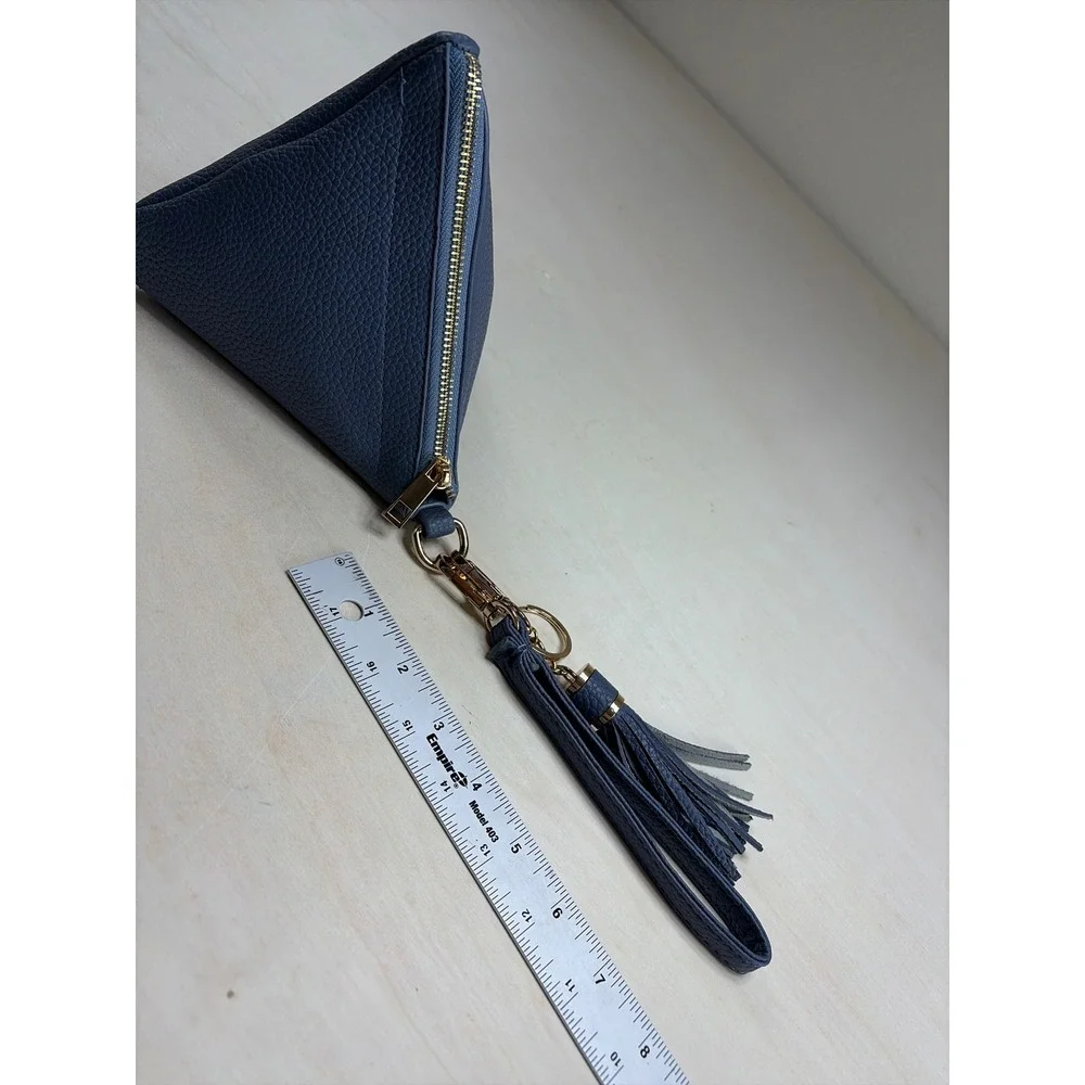 Blue Pyramid Geometric Wristlet Pouch Tassel Charm Pebble Faux Leather Clutch